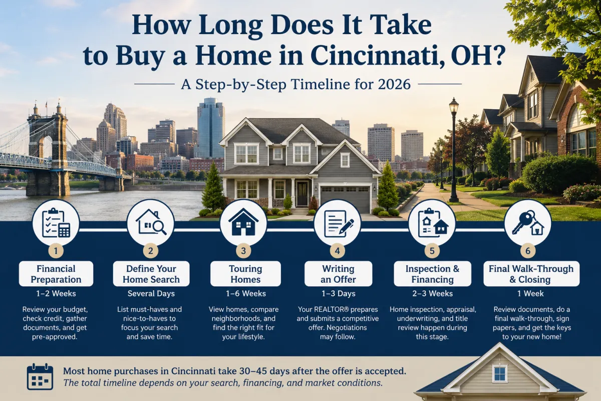 Step-by-step timeline for buying a home in Cincinnati, OH in 2026, featuring the home-buying process from mortgage pre-approval to closing.