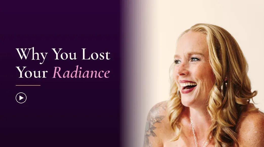 Becca Powers® laughing in strapless fuchsia, turned toward the title Why You Lost Your Radiance. Watch on YouTube.