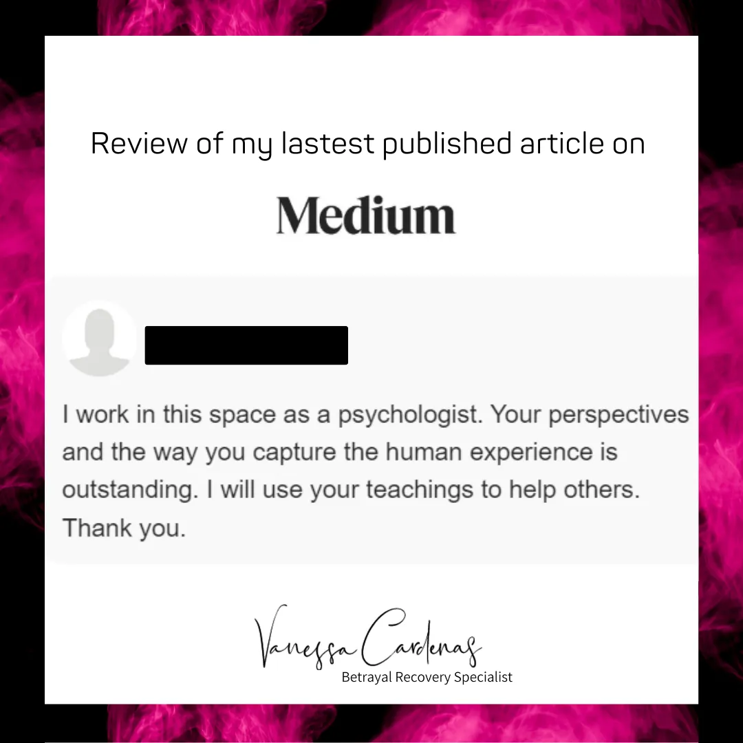 Vanessa Cardenas, Betrayal Recovery Specialist, inviting clients to apply for one-on-one coaching sessions, emphasizing personalized support for healing and personal growth.