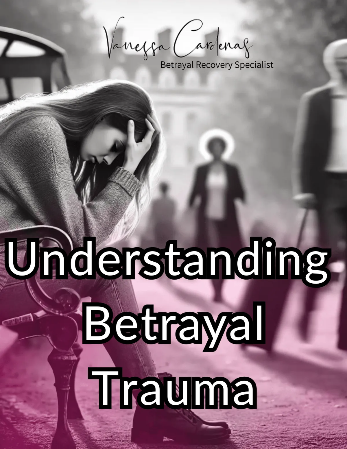 Vanessa Cardenas, Betrayal Recovery Specialist, shares insights in the ebook with a photorealistic black and white image of a woman screaming in frustration, highlighted with strong pink to symbolize the intense emotions of betrayal trauma. The image captures the raw and overwhelming feelings associated with betrayal, emphasizing the struggle to cope and heal.