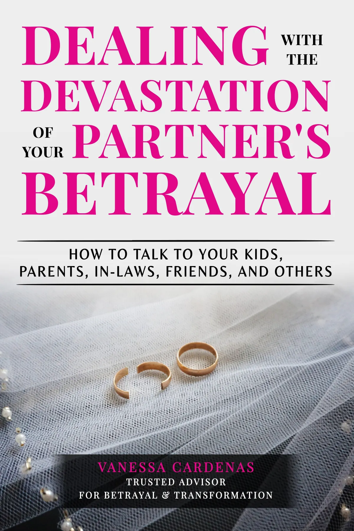 Cover of 'Dealing with the Devastation of Your Partner's Betrayal, How To Talk to Your Kids, Parents, In-Laws, Friends and Others' by Vanessa Cardenas, offering guidance on navigating difficult conversations and emotional healing after betrayal.