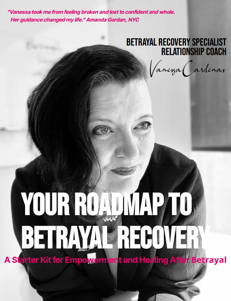 Vanessa Cardenas, Betrayal Recovery Specialist, shares insights in the ebook 'Mastering Dialogue: A Guide to Healthy Connection,' featuring a photorealistic black and white image of a couple with duct tape on their mouths, symbolizing the challenges of communication and the need to break through barriers to achieve healing and connection.