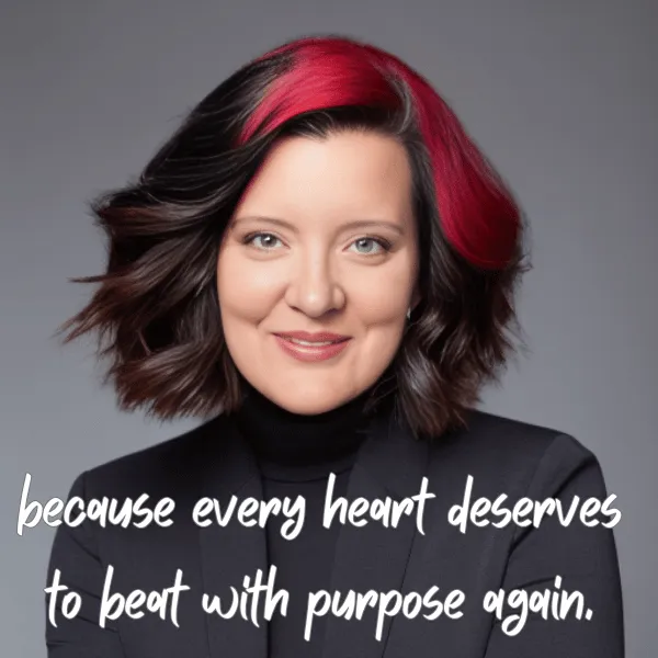 Vanessa Cardenas, Relationship Coach, Betrayal Recovery Specialist, smiling warmly, symbolizing hope and healing from betrayal trauma. Pink streak in hair gives her character and symbolizes her fierceness in helping others recover. Vanessa's tag line, becuase every heart deseres to beat with purpose again an overlay on the image