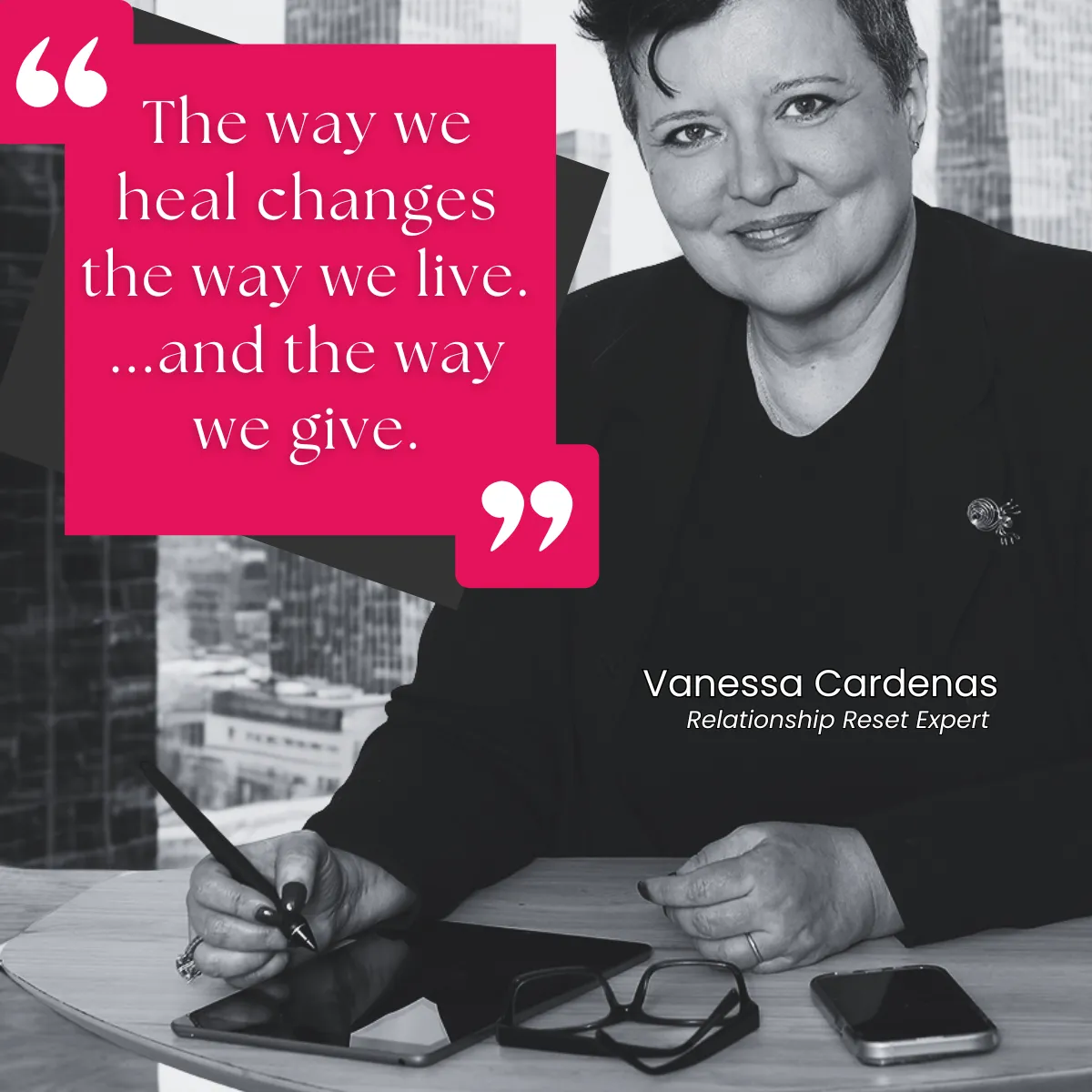 Vanessa Cardenas, Relationship Reset Expert, siteshares her reset letters at a client location in NYC.
