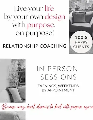 Westchester County relationship coaching promotional graphic featuring in-person sessions, purposeful living messaging, and a warm, inviting coaching environment.