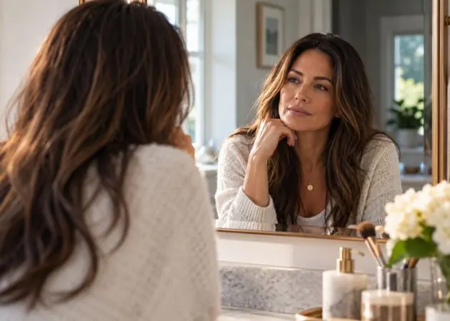 Woman looking at her reflection while recognizing patterns of self-betrayal