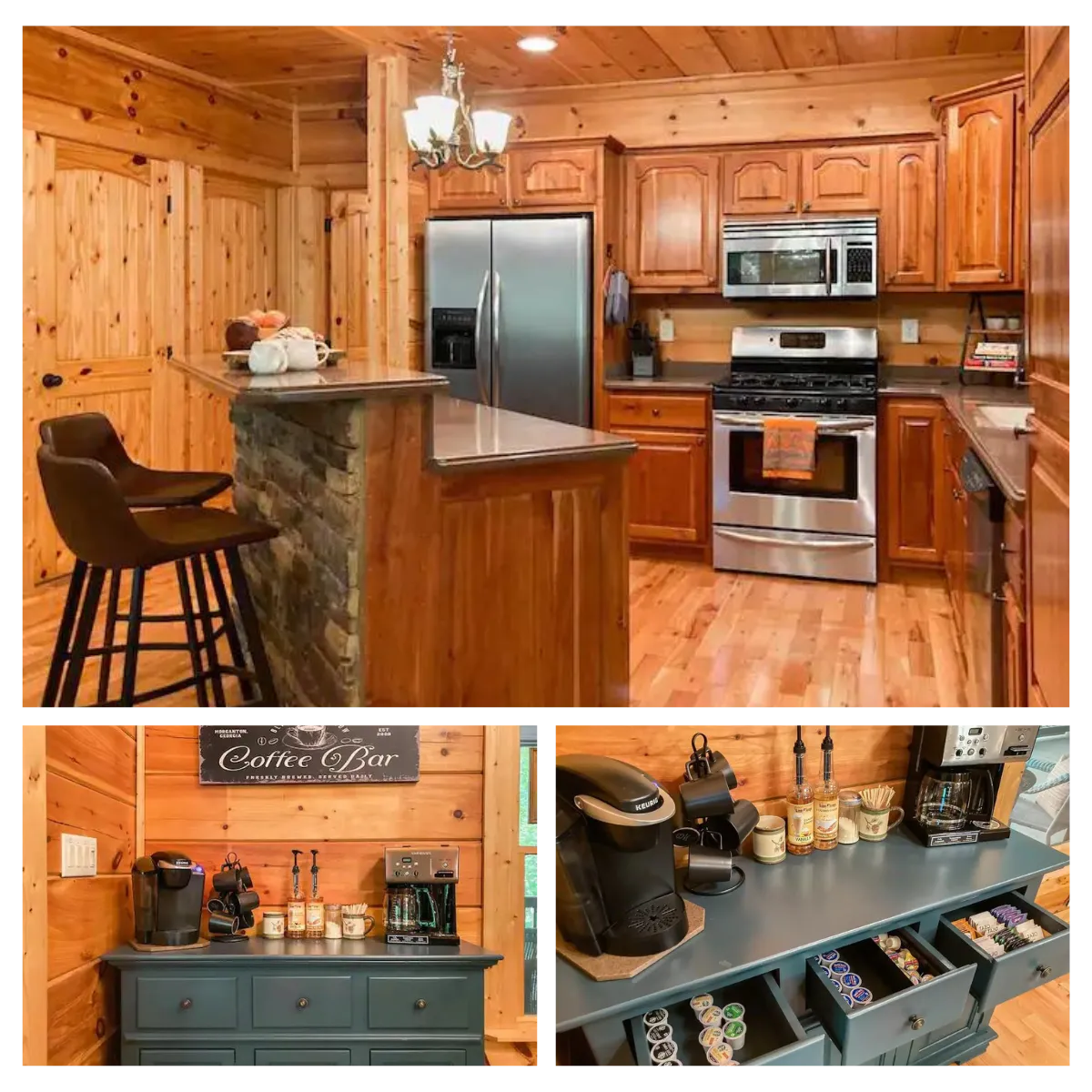Blissful Getaway: Enjoy a modern kitchen, cozy coffee spot, rustic dining area, forest views, and a delightful space for cooking.