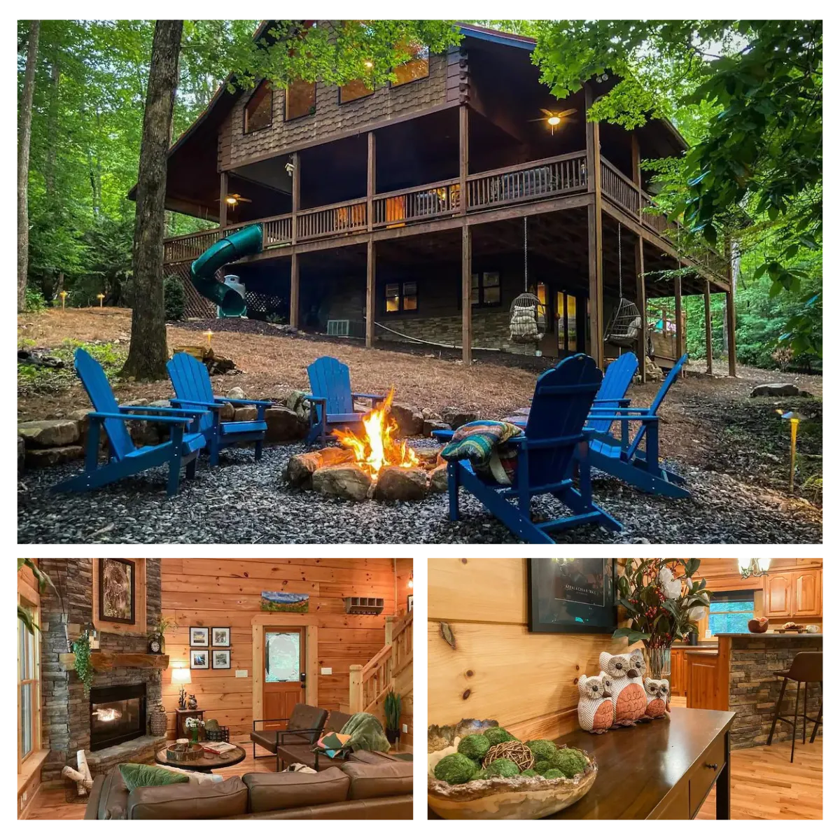 Visit Blissful Retreat in Morganton, surrounded by the beautiful Blue Ridge Mountains. Enjoy lush green forests in summer and colorful leaves in fall, with peaceful nights filled with nature's melody and twinkling fireflies.
