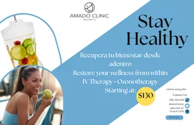 Banner de promoción de tratamientos estéticos de AMADO CLINIC en Miami
