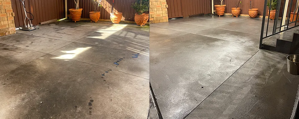 Before and after concrete cleaning with pressure cleaning under verandah in Wetherill Park, Sydney