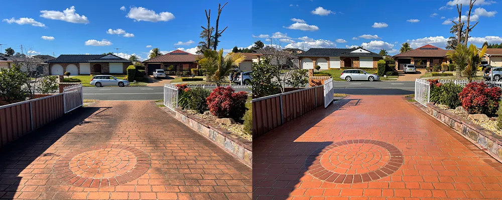 Before and after cleaning of stenciled and colored driveway in Sydney