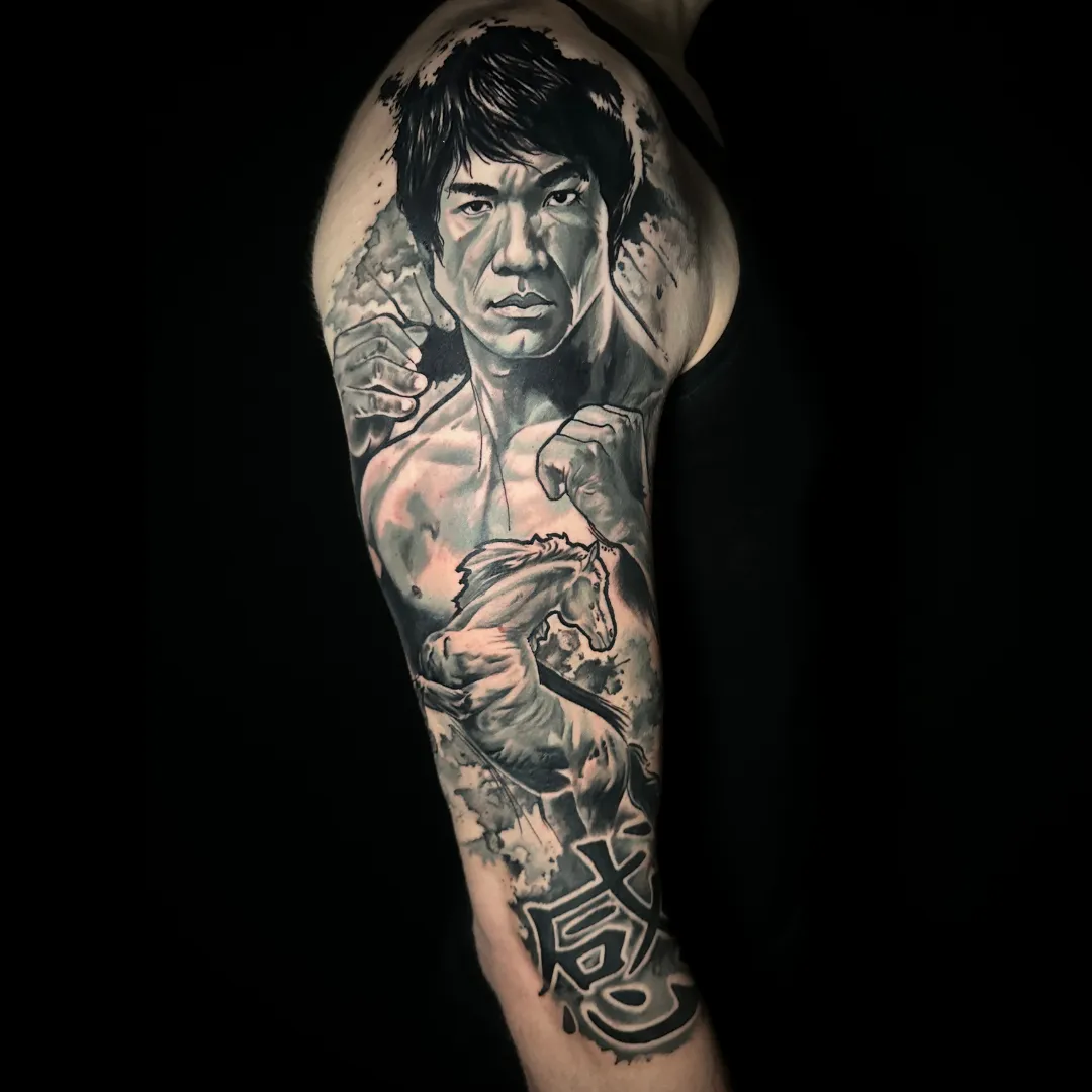 Black and grey tattoo sleeve by Santo Cuervo Tattoo Collective