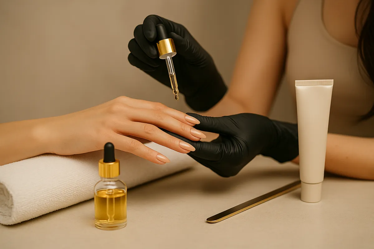 A luxury manicure in progress featuring handmade organic cuticle oil and rich lotion being applied with care in a high-end in-home nail service.