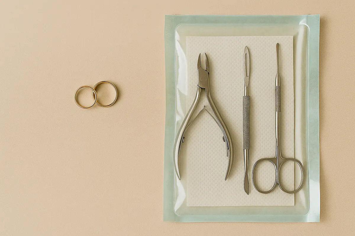 Sterilized manicure tools laid out on a clean beige surface, showcasing a luxury in-home nail setup by The Finishing Haus