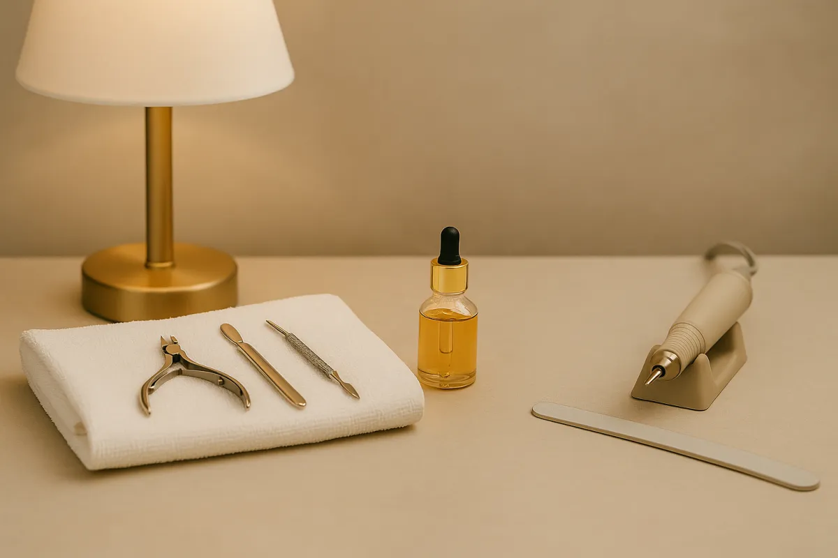 A clean, minimalist manicure table setup with sterilized tools, soft lighting, and a serene neutral palette—ready for a luxury in-home nail service by The Finishing Haus.