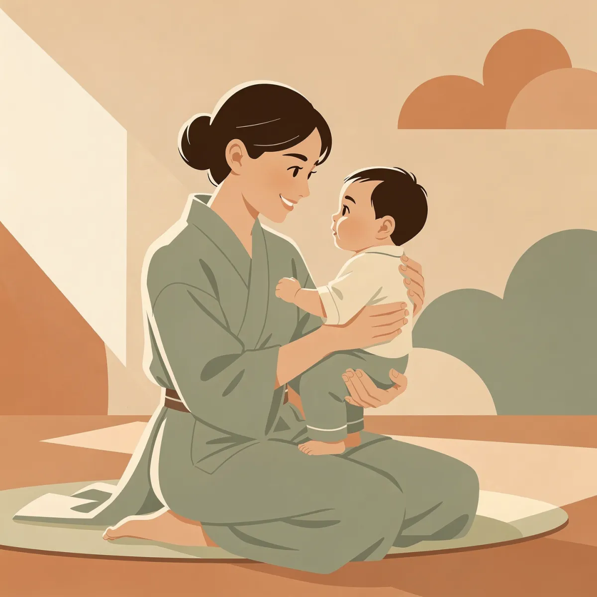 Mother braiding daughter's hair on staircase.