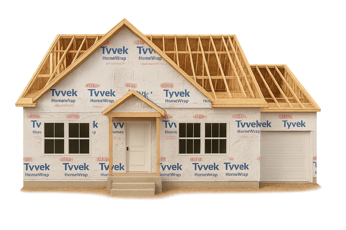 Architect holding rolled blueprints, standing in front of cleared lot, suburban homes in distance, midday light, 2:3 aspect ratio