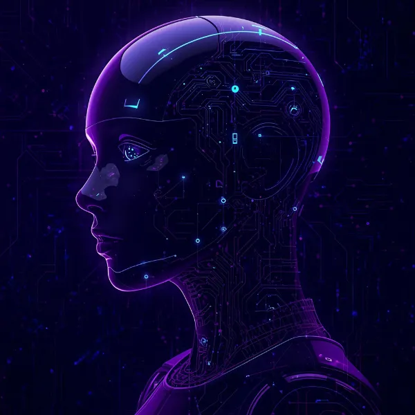 A futuristic profile illustration of a humanoid robot with glowing purple circuitry and digital patterns integrated into its head and neck, set against a dark technological background.