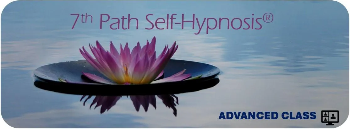 A lotus flower floating on water with the text "7th Path Self-Hypnosis® INTRODUCTORY CLASS" in purple and an icon at the bottom.