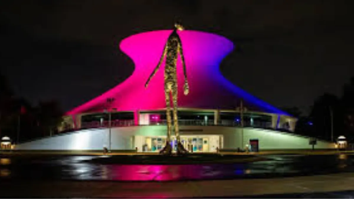 James S. McDonnell Planetarium dome lit up at night