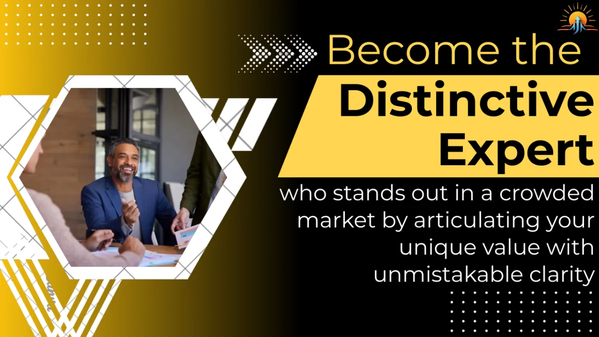 Illustration of a confident professional standing out from a group, with a spotlight or highlight effect emphasizing their unique qualities. Visual elements suggest clarity, impact, and differentiation—such as a bold one-sentence value statement or graphic icons representing strengths and trustworthiness. Clean, modern design reinforces personal brand distinction.