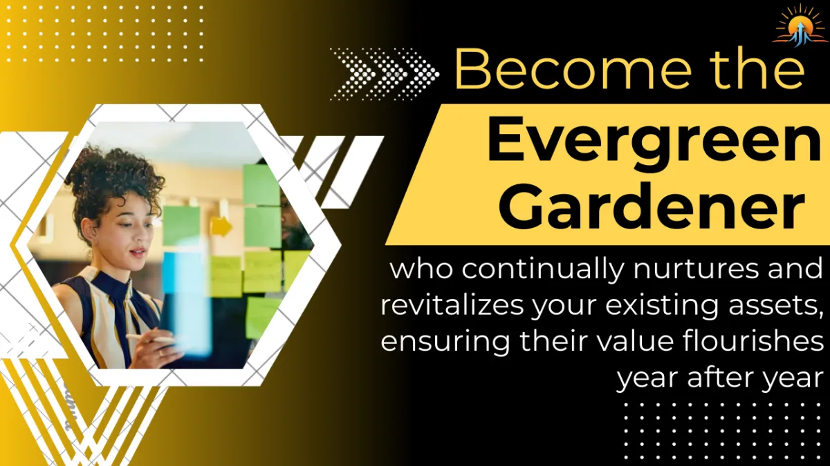 Person updating an old blog post on a computer, with upward-pointing arrows and skyscraper buildings in the background, symbolizing boosting content performance and SEO success.