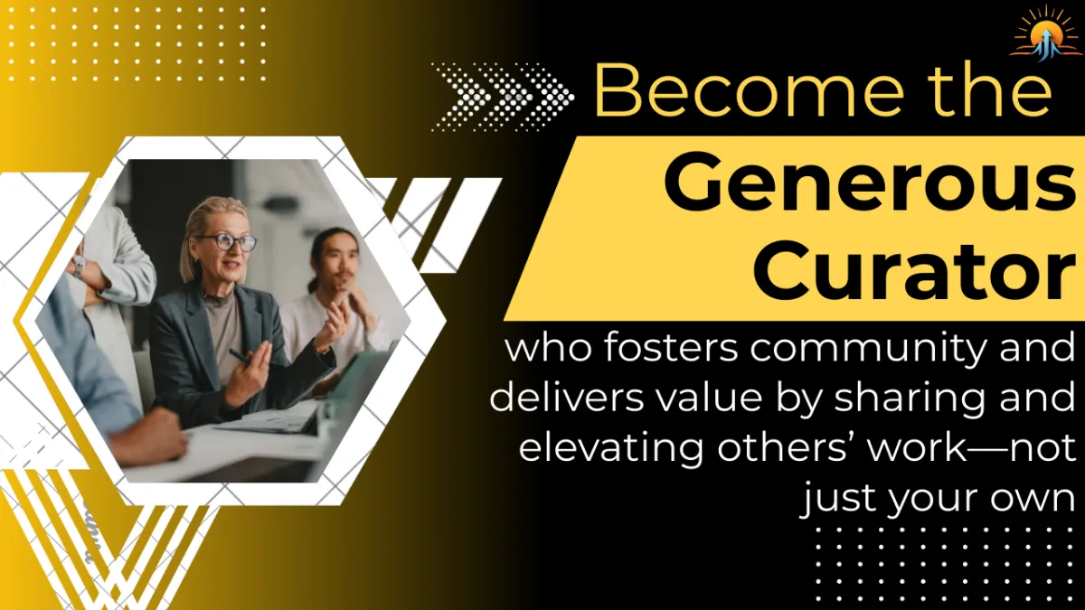 Person sharing insightful LinkedIn posts on a laptop, surrounded by highlighted articles and content snippets, representing the concept of curating and sharing others’ ideas for professional growth.