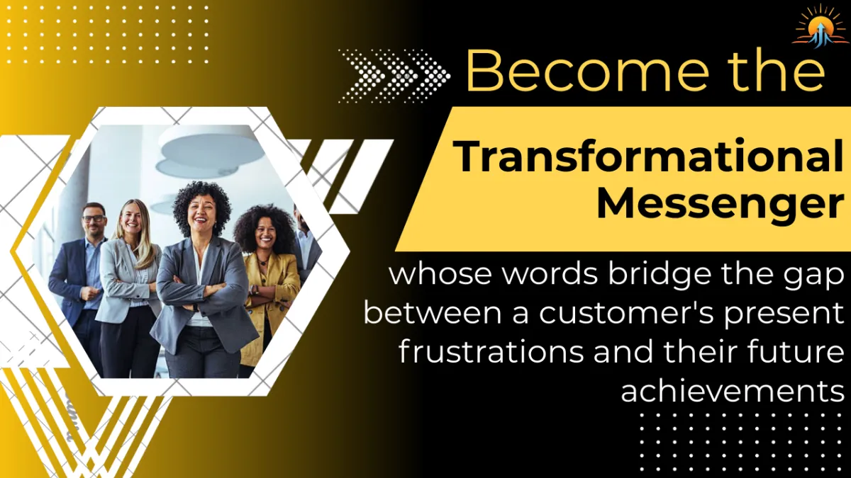 Visual of a split path or bridge illustrating the journey from pain points to desired outcomes. One side shows challenges or obstacles, while the other side features aspirational imagery representing customer success, growth, or transformation. Modern, bold design highlights the brand as the connector between the two sides, emphasizing progression and positive change