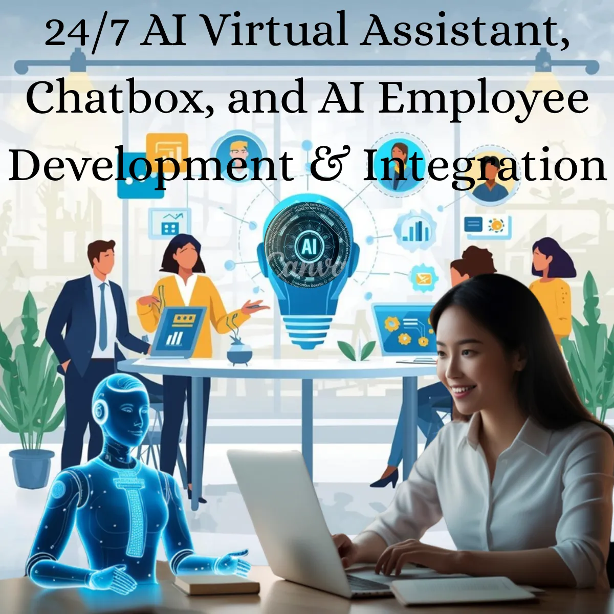 Business team participating in AI employee development and integration training. Professionals collaborating with AI tools and digital assistants, learning to automate routine tasks and enhance productivity. Visuals highlight human-AI collaboration, workplace innovation, and future-ready business practices focused on growth and efficiency. Near me