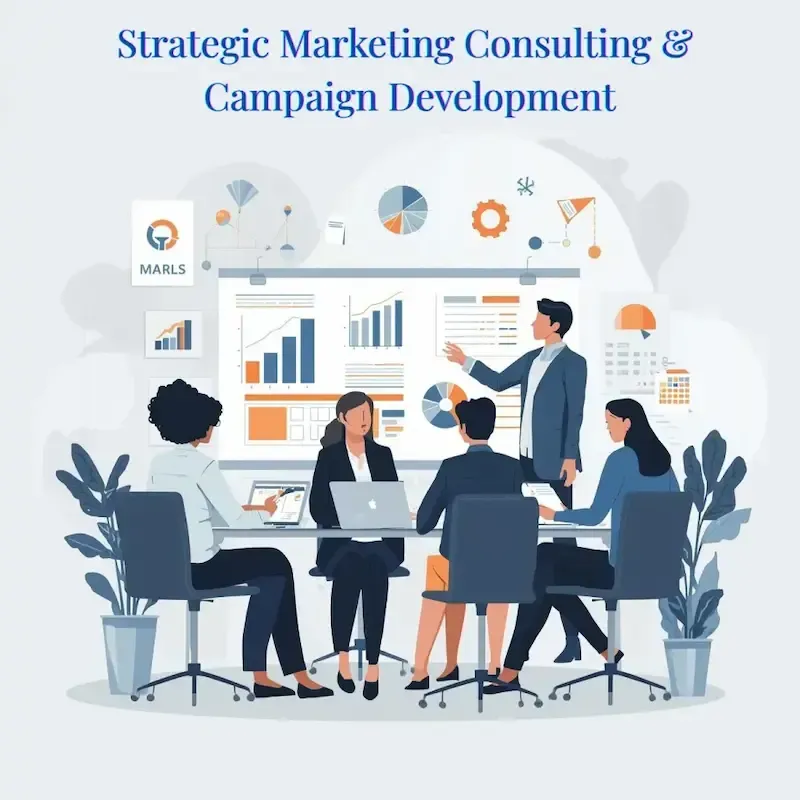  Marketing consultants analyzing data and developing a strategic campaign for a business client. Team members reviewing analytics dashboards, campaign plans, and creative assets in a collaborative workspace. Visuals emphasize data-driven strategy, tailored marketing solutions, and measurable results to ensure effective, goal-oriented campaigns and business growth. Near me