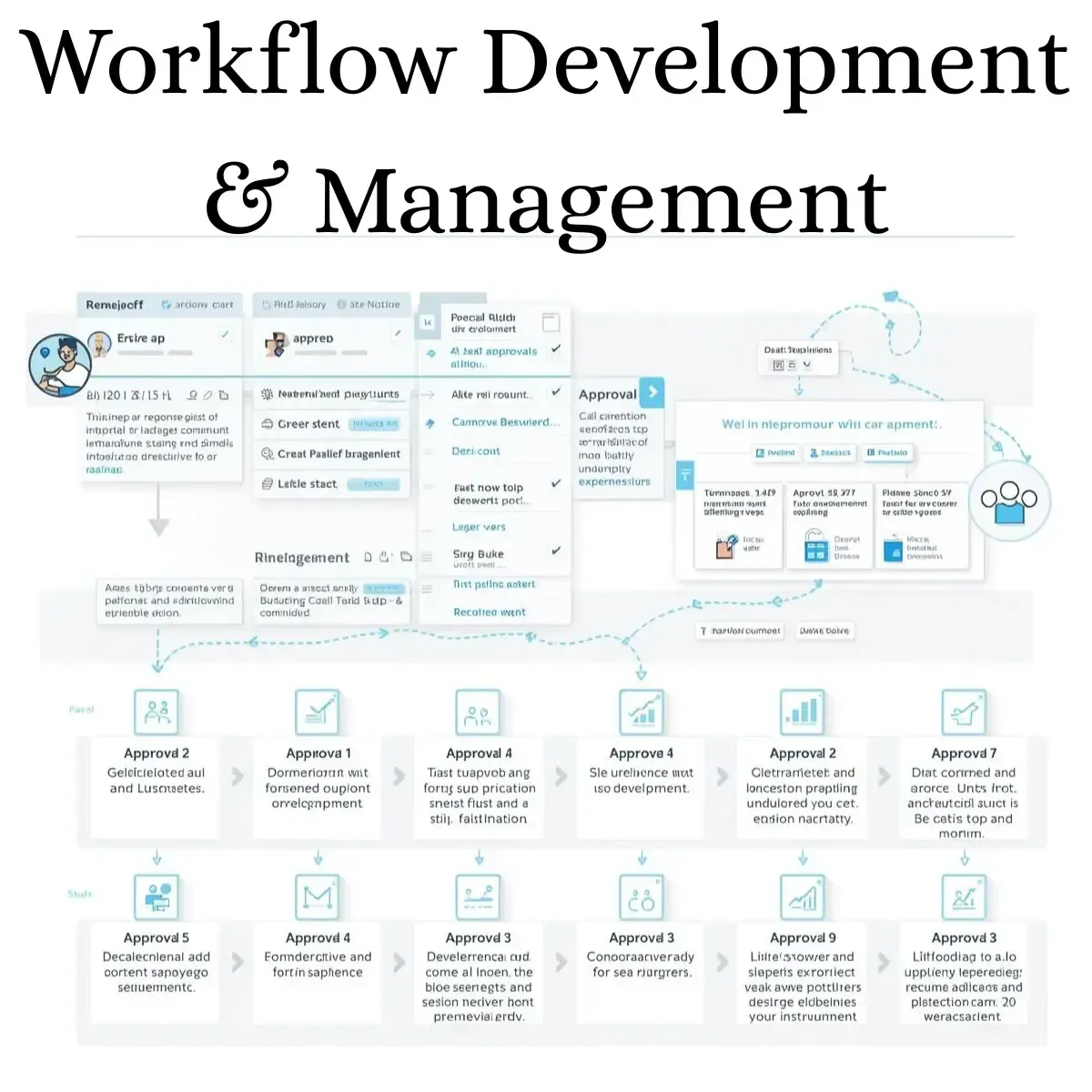 Team of professionals collaborating on workflow development and management in a modern office