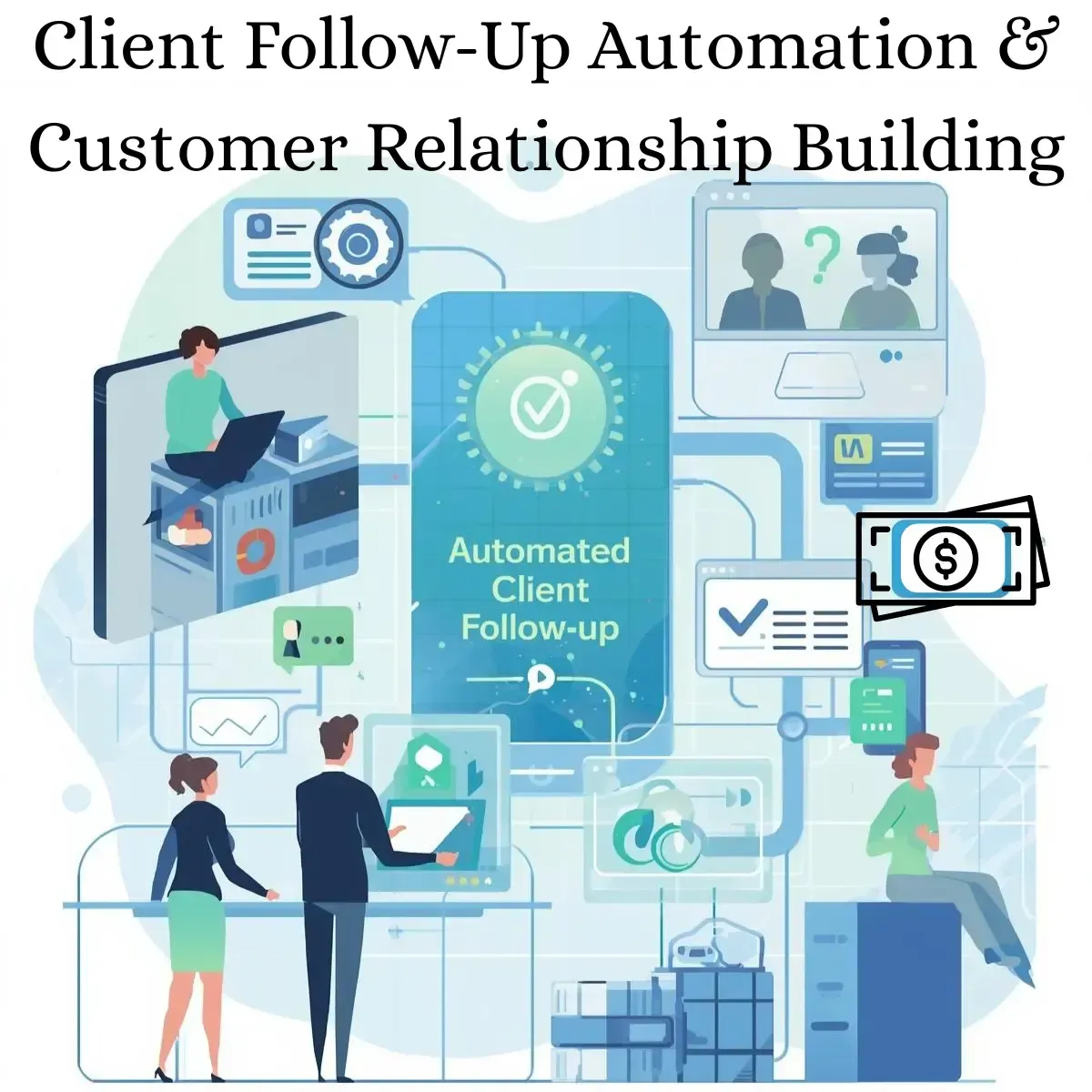 Business professionals using client follow-up automation tools and CRM software to nurture customer relationships
