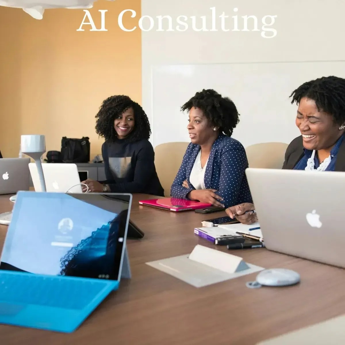 AI consultants guiding business leaders through AI strategy development in a modern office