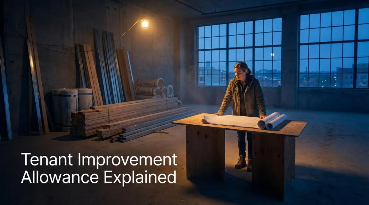 Empty commercial space mid-buildout with tenant reviewing architectural plans