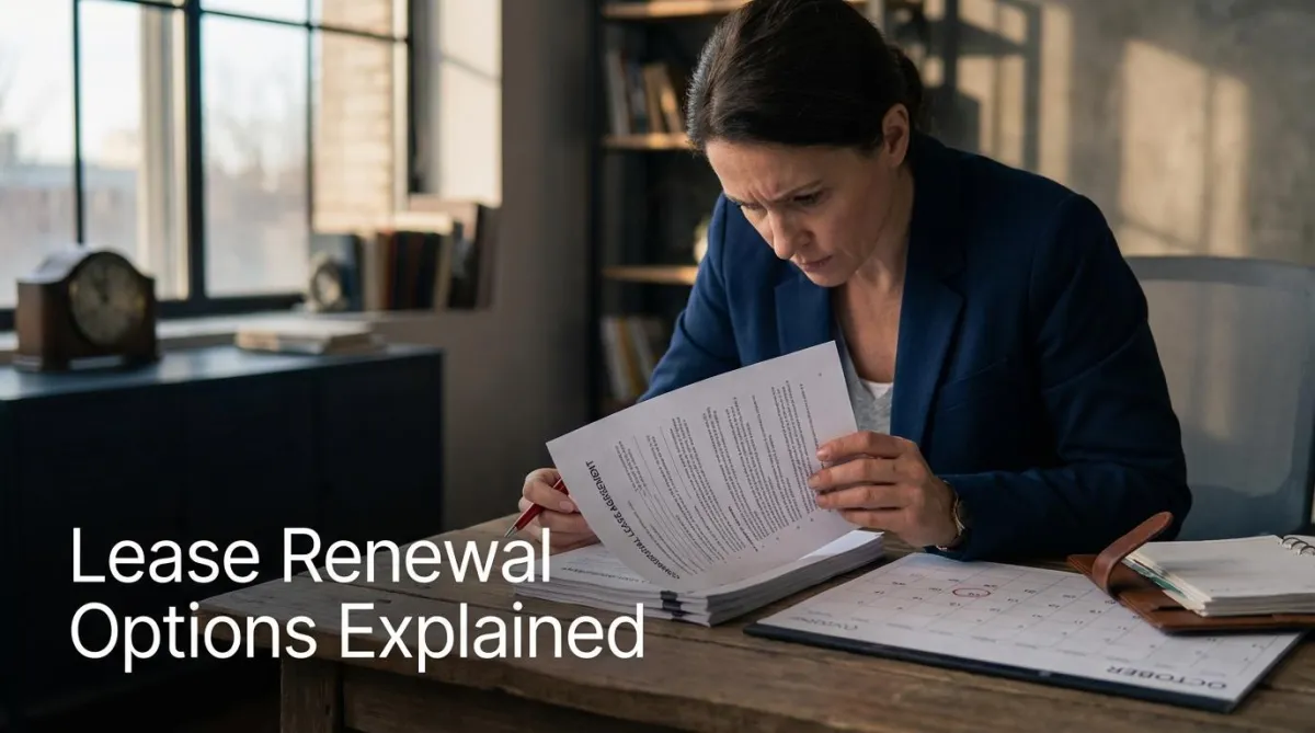 Business owner reviewing commercial lease renewal option clause with calendar in view