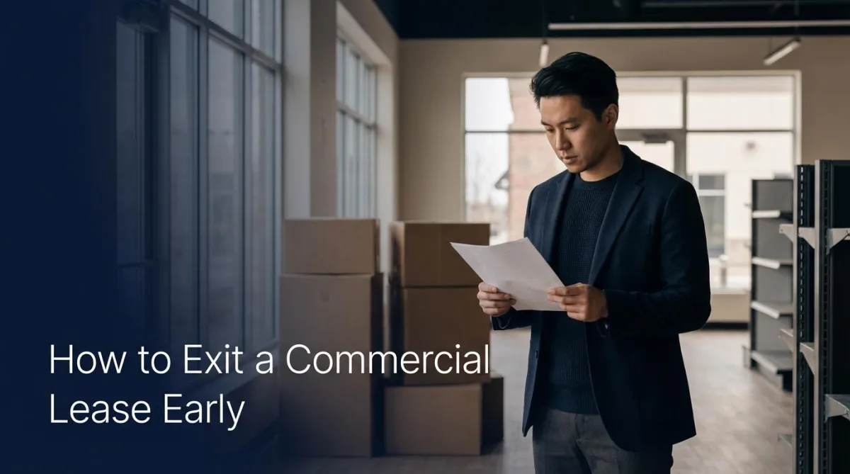 Business owner reviewing lease documents in a commercial space mid-transition