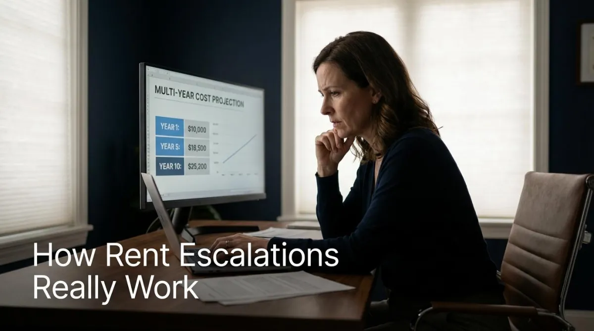 Business owner reviewing compounding rent cost projection on a commercial lease