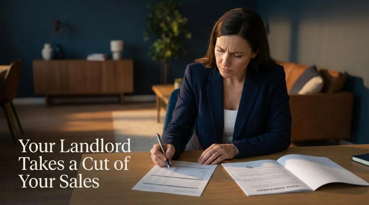 Retail business owner reviewing sales revenue and percentage rent obligations in a commercial lease