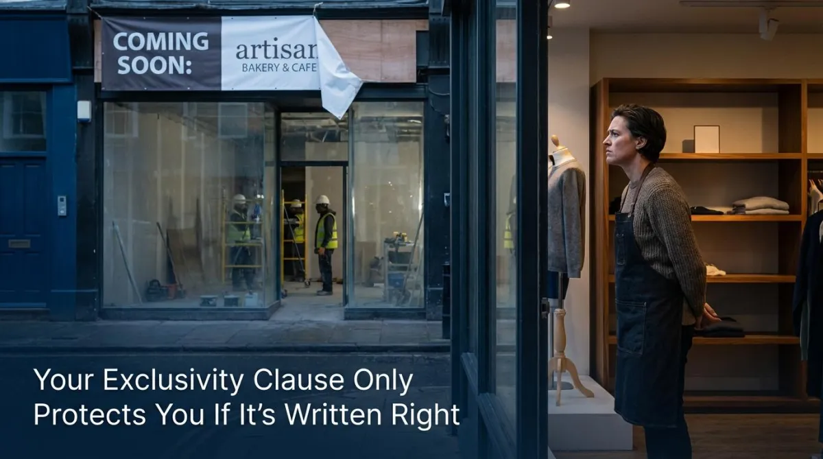 Retail business owner looking through storefront glass at a competing business opening nearby