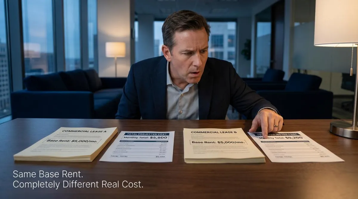 Business tenant comparing commercial lease types and total occupancy cost across structures