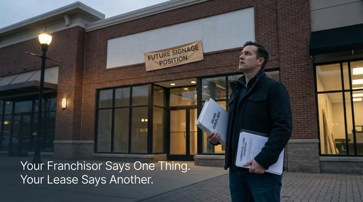 Franchisee reviewing franchise agreement and commercial lease side by side looking for operational conflicts