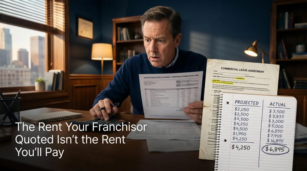 Franchisee reviewing CAM reconciliation statement and operating expense breakdown in a franchise lease