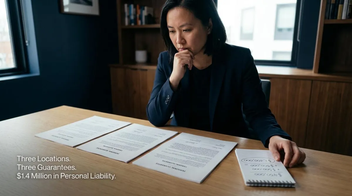 Franchisee reviewing personal guarantee clauses across multiple franchise lease documents with a concerned expression