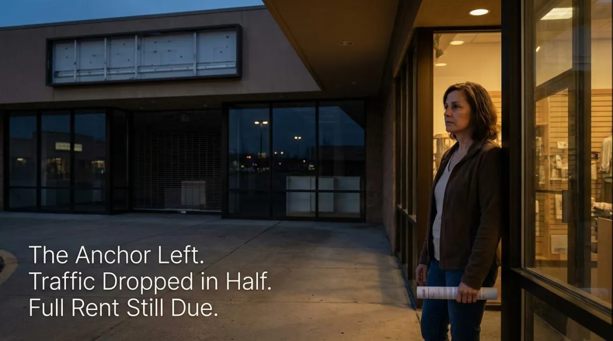 Empty anchor store in a commercial center with co-tenancy clause lease document visible