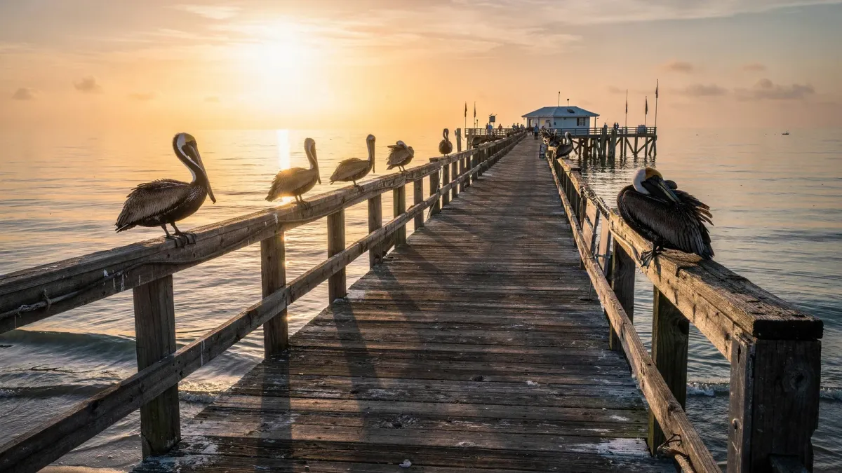 Sunrise over a fishing pier on Florida's Treasure Coast with pelicans and distant anglers