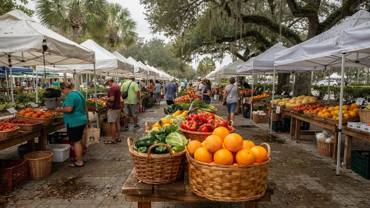 Farmers market under white tents with citrus and produce, shoppers browsing, Stuart Florida