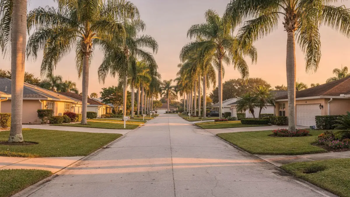 Sunrise on a palm-lined residential street in Stuart, Martin County, Florida