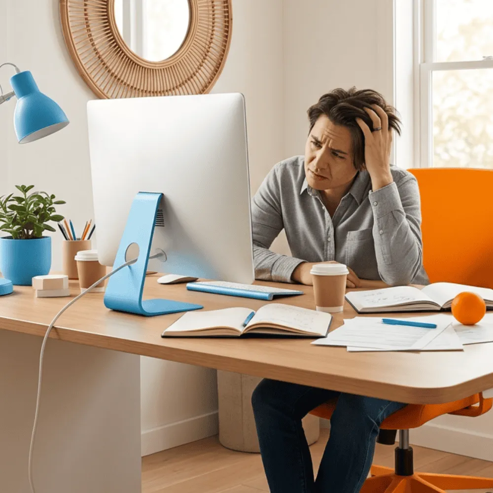 A frustrated professional struggling with generic AI content generation