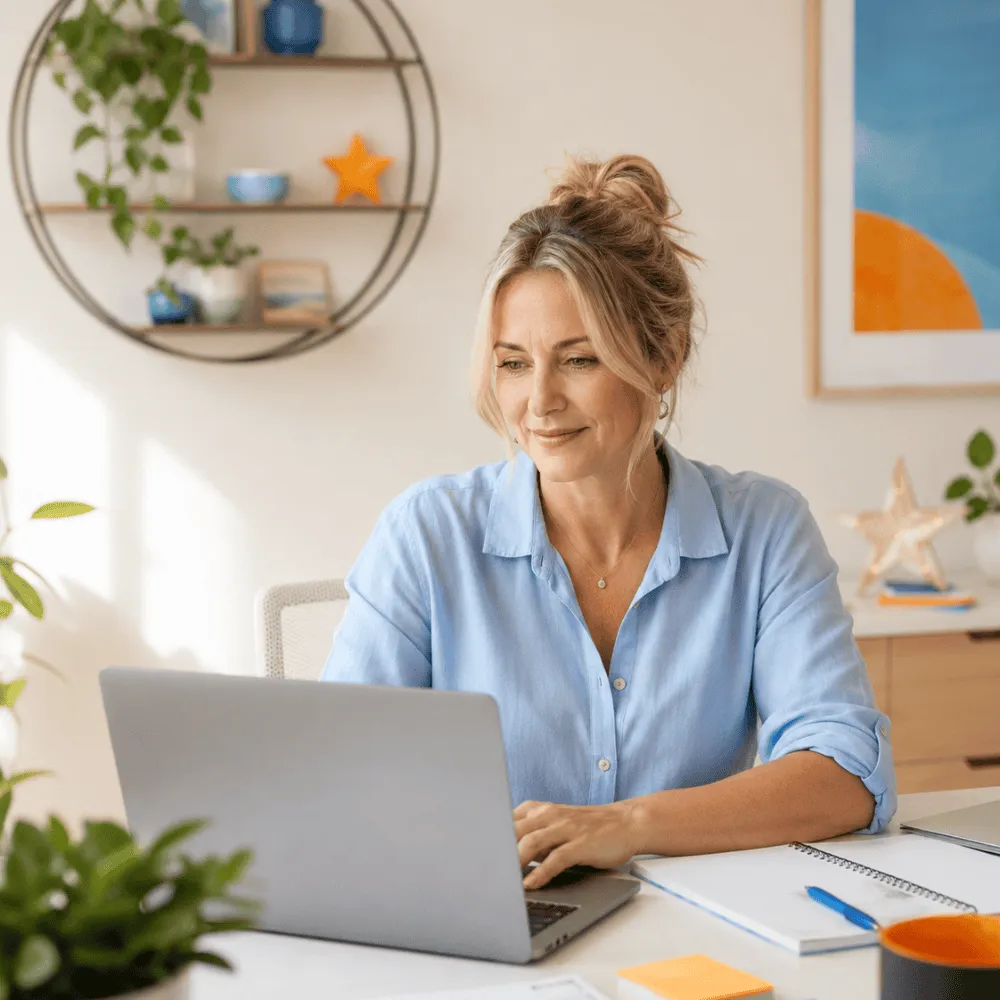 A frustrated business owner staring at a screen of messy, scattered digital notes, contrasting with a clean, branded AI output card.