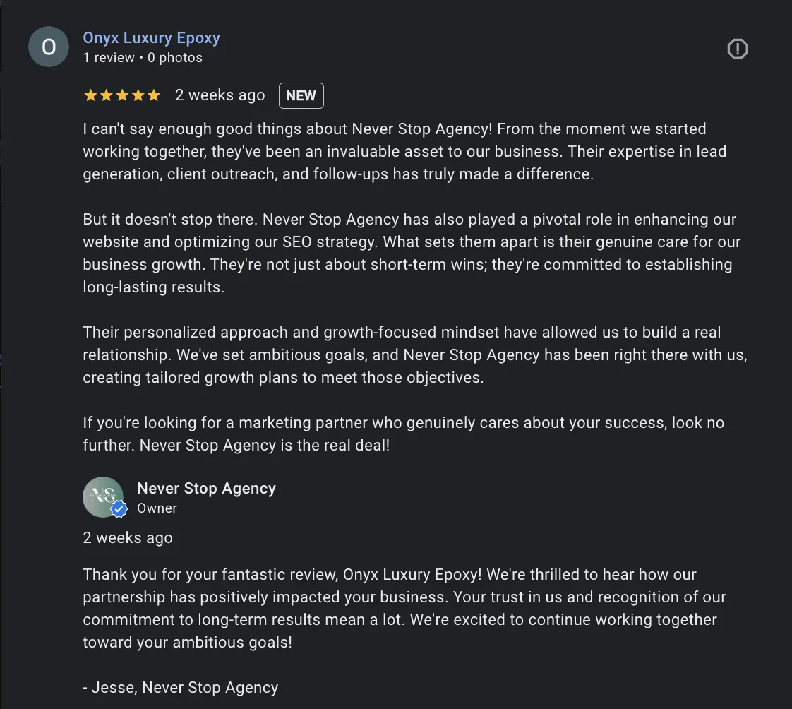 Review Of Never Stop Agency by Drake M At Onyx Luxury Epoxy